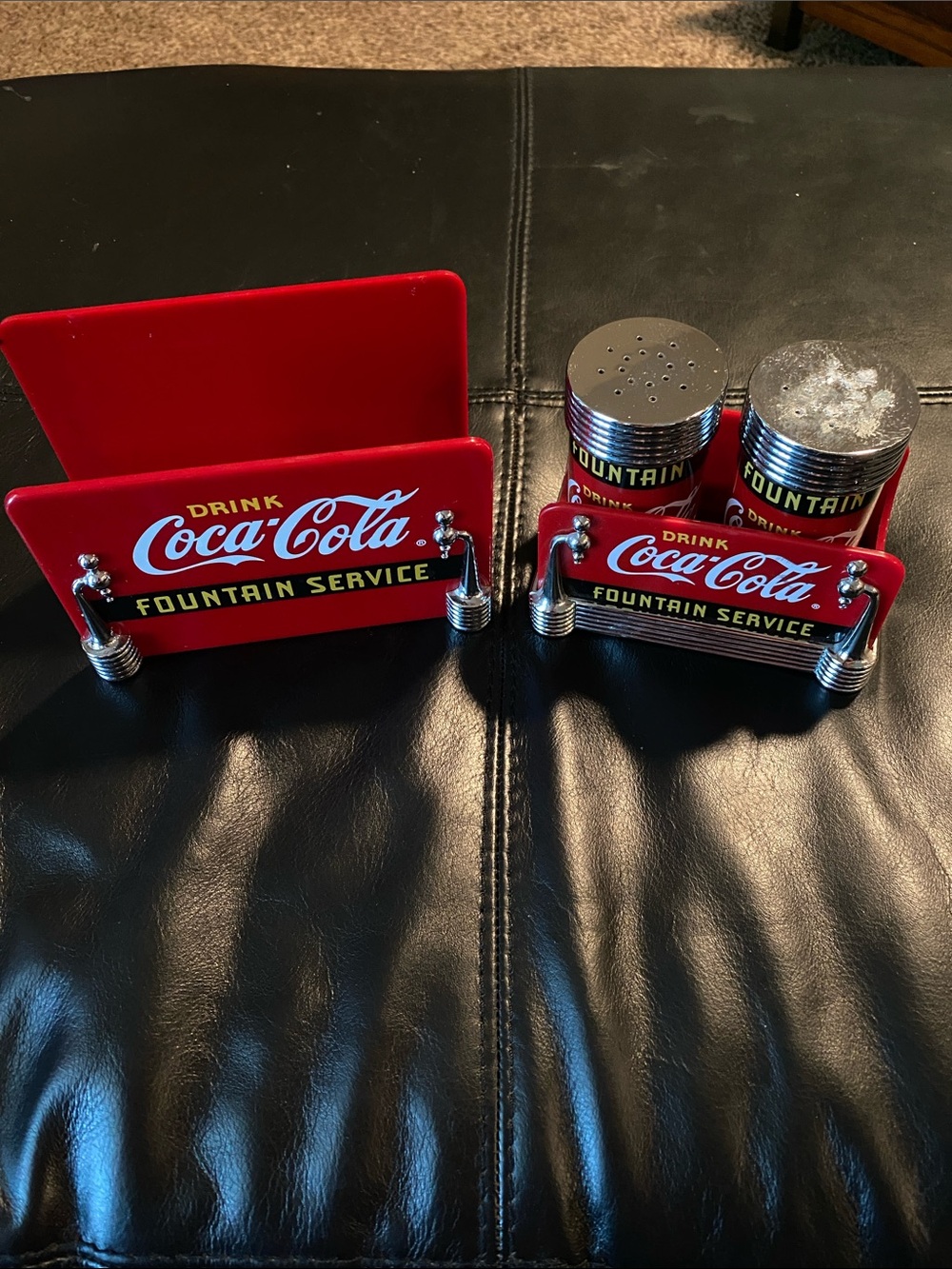 1997 Coca-Cola Fountain Service Napkin Holder & Salt & Pepper Set/Sugar Caddy